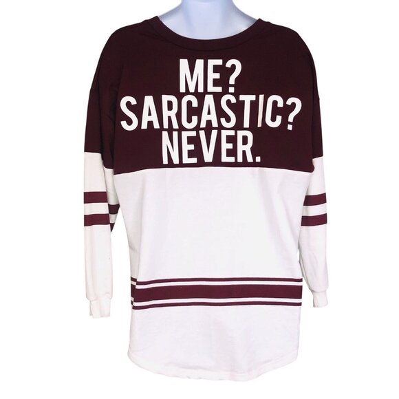 Womens XL Top Me Sarcastic Never Maroon White Long Sleeve New - Picture 1 of 6